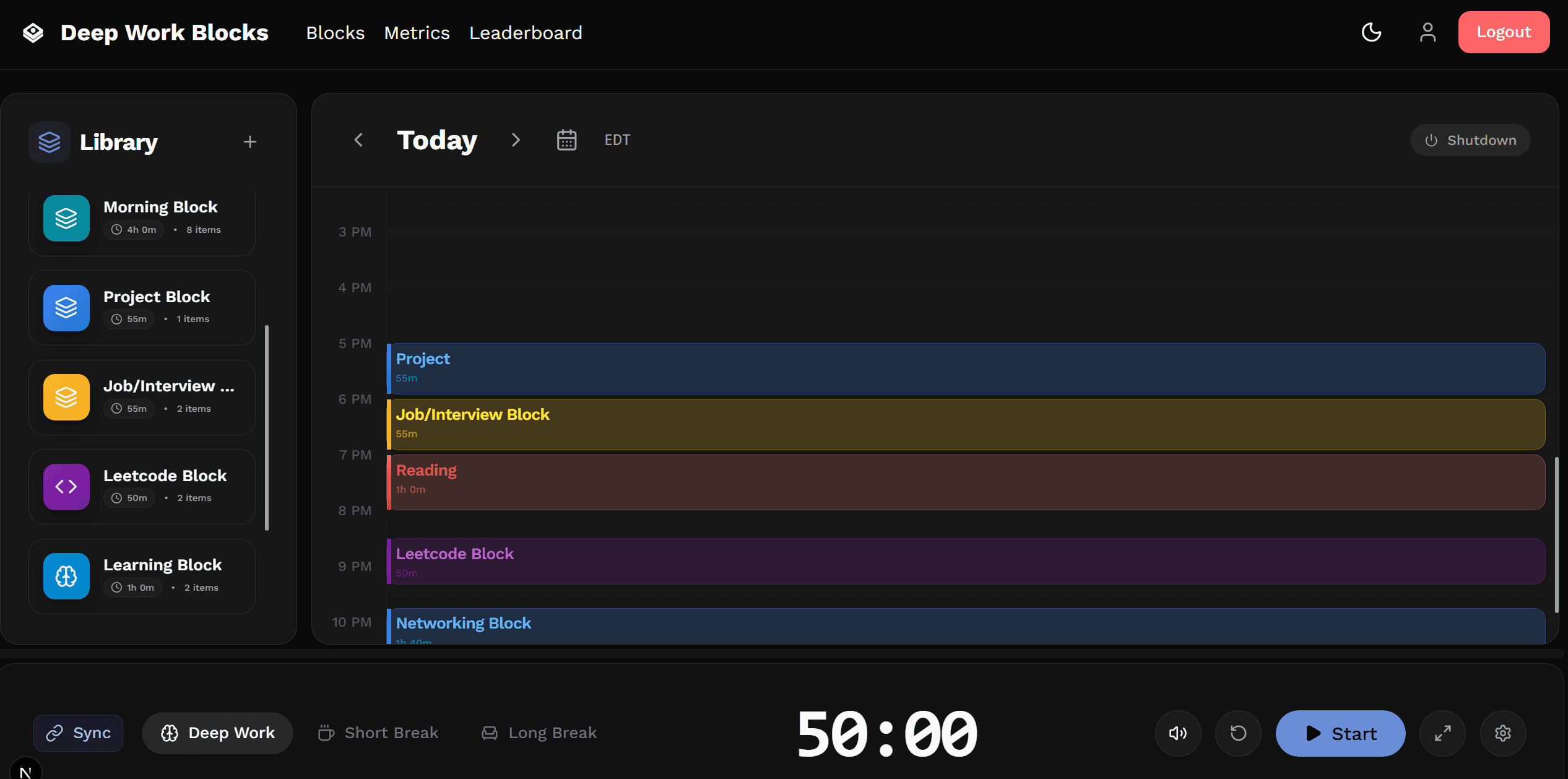 Deep Work Blocks dashboard preview